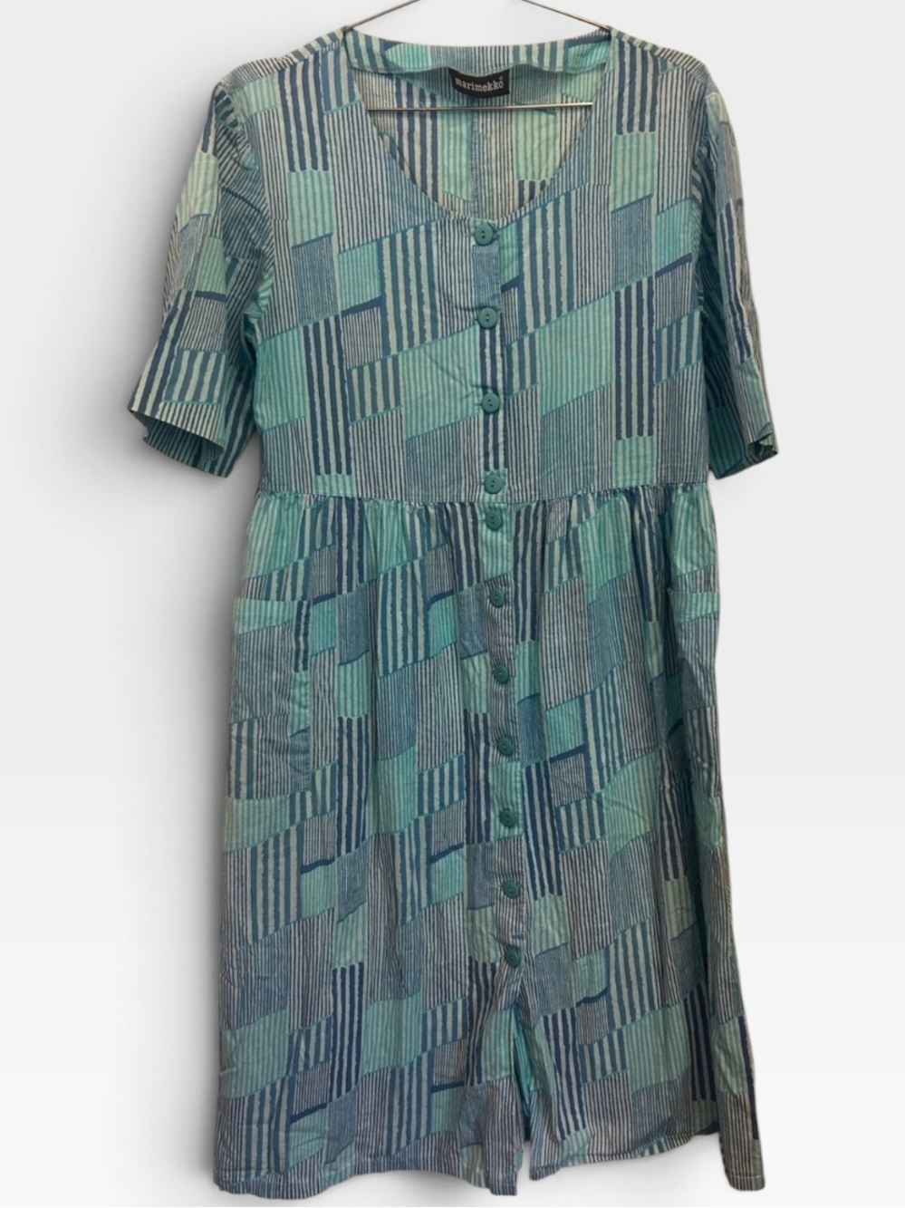 Vintage MARIMEKKO  Blue & Aqua Geometric Button-Front Dress MEDIUM